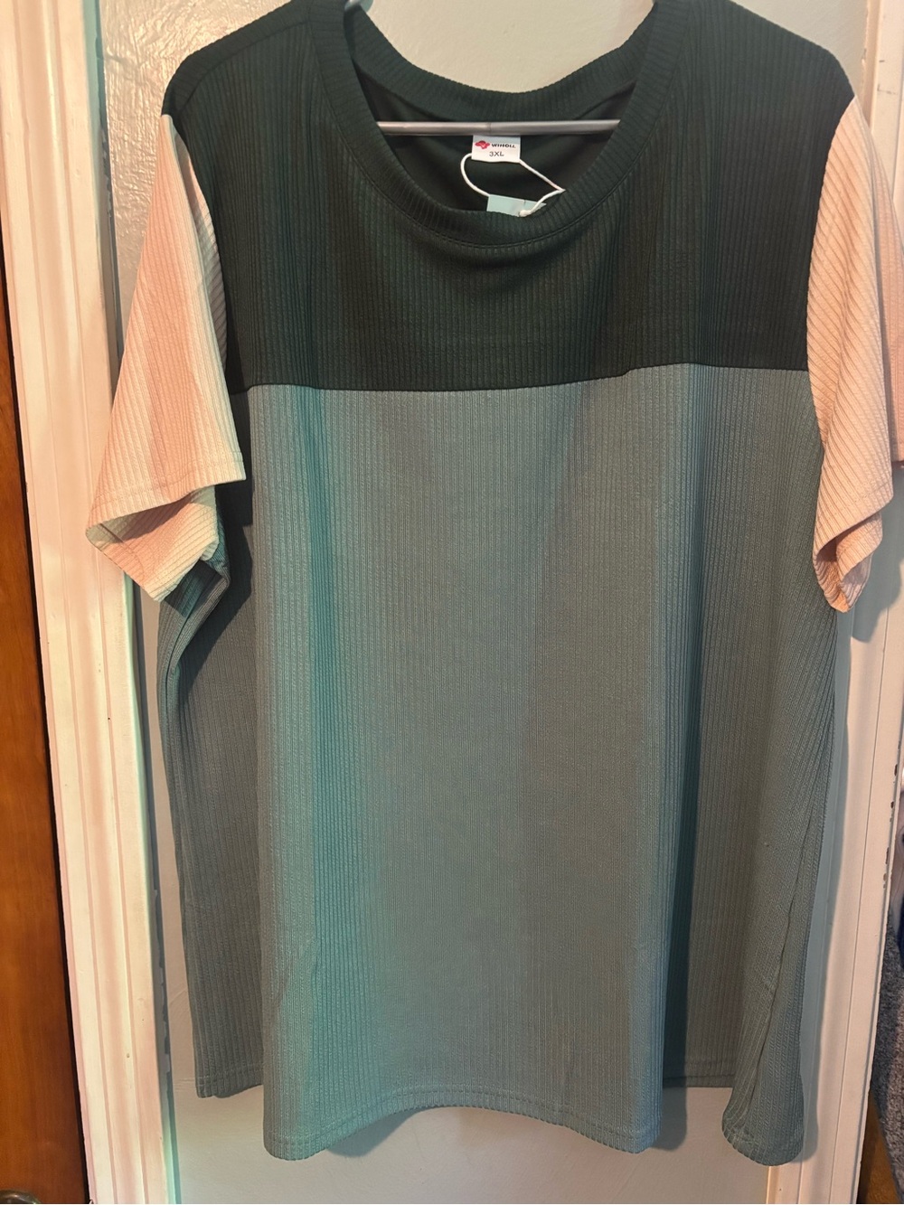Colorblock Ribbed Short-Sleeve Blouse in Black, Sage & Peach